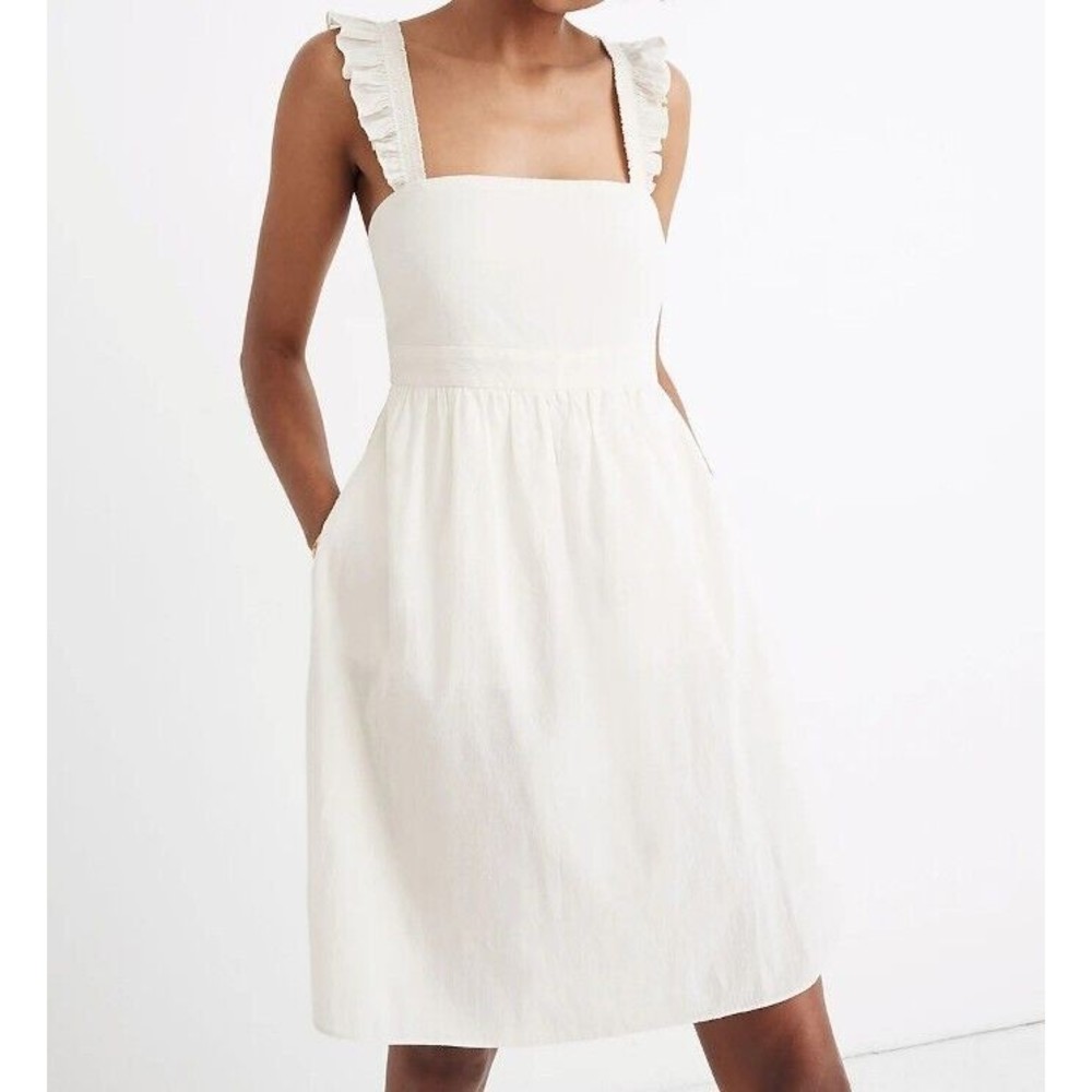 Madewell Ruffle Strap Empire Dress Ivory Cream Beige Sz 16 Cotton Blend Pockets